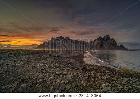 Sunset At Vestrahorn, A 454 Metre Tall Scree Mountain, Mainly Made Up Of Gabbro And Granophyre Rocks