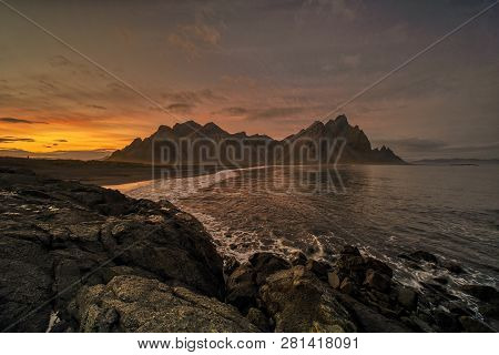 Sunset At Vestrahorn, A 454 Metre Tall Scree Mountain, Mainly Made Up Of Gabbro And Granophyre Rocks