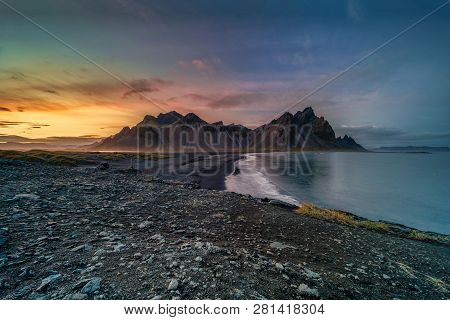 Sunset At Vestrahorn, A 454 Metre Tall Scree Mountain, Mainly Made Up Of Gabbro And Granophyre Rocks