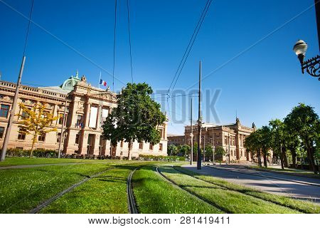 Tramlines On Place De La Republique In Strasbourg