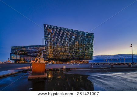 Reykjavik, Iceland - March 23: Twilight Scene Of Harpa Concert Hall In Reykjavik, Iceland On Septemb