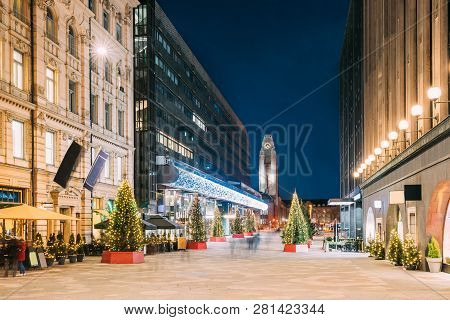 Helsinki, Finland. Night View Of Keskuskatu Street In Evening Christmas New Year Xmas Festive Illumi