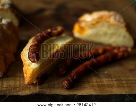Ciabatta.ciabatta Bread With Sausage. Homemade Italian Ciabatta Bread Top View. Bread With Cheese.
