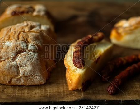 Ciabatta.ciabatta Bread With Sausage. Homemade Italian Ciabatta Bread Top View. Bread With Cheese.