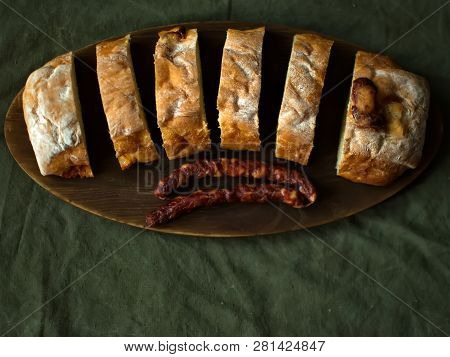 Ciabatta.ciabatta Bread With Sausage. Homemade Italian Ciabatta Bread Top View. Bread With Cheese.