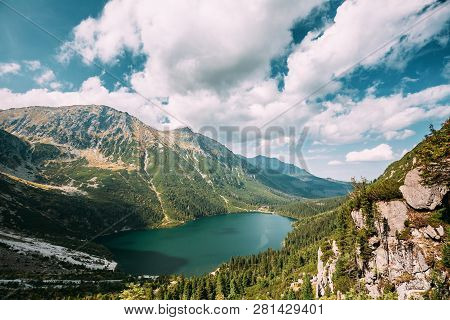 Tatra National Park, Poland. Famous Mountains Lake Morskie Oko Or Sea Eye Lake In Summer Day. Topw V