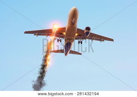 Passenger Plane Landing With A Burning Engine, Emergency Situation. Concept Disaster.