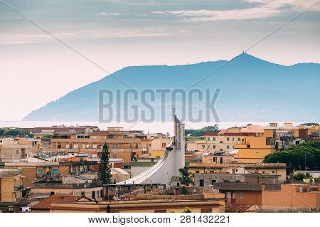 Terracina, Italy. Church Of Parrocchia San Domenico Savio With Circeo Promontory And Tyrrhenian Sea 