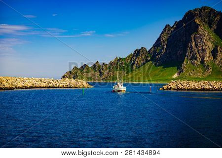 Seascape With Fishing Boat And Stone Breakwater, Bleik Village, Andoya Island, Vesteralen Archipelag
