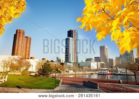 Scenic View Of Baltimore Inner Harbor In Autumn