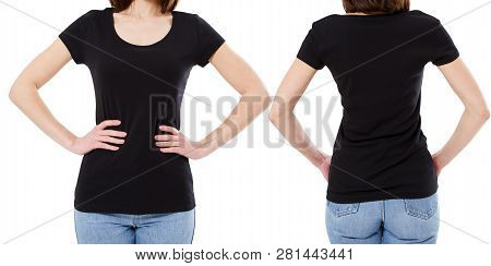 Cropped Image -t-shirt Design And People Concept - Close Up Of Young Woman In Blank Black T-shirt, S