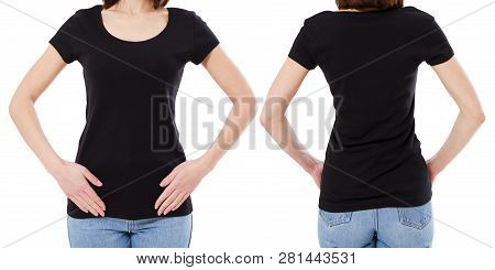 Young Woman In Black Shirt On White Background,girl T Shirt Black,blank
