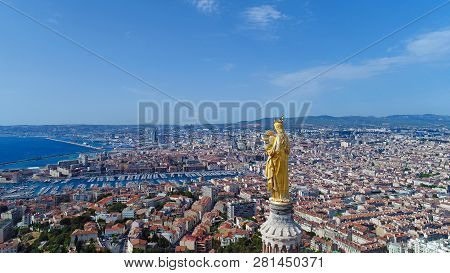 Aerial View Of Notre Dame De La Garde Basilica In Marseille City Center, France