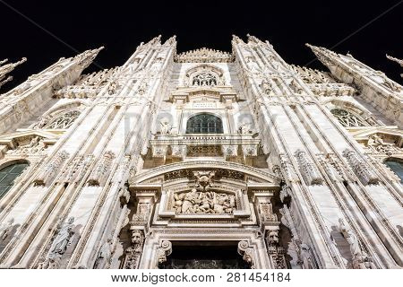Beautiful Catholic Church Duomo Di Milano Illuminated At Night From Italy