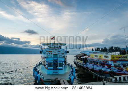 Lake Toba, Indonesia - January 2018: Ferries For Passengers On Lake Toba At Sunset, North Sumatra In