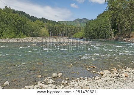 Looking Downstream On A Sunny Day At The Elwha River In Oympic National Park In Washington
