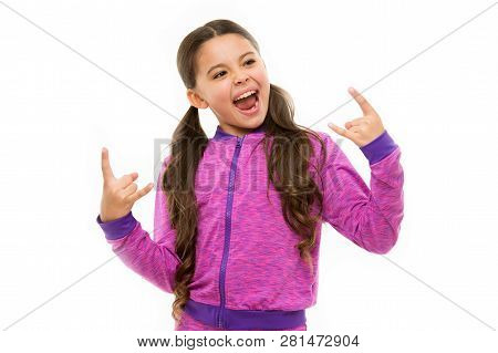 I Am Going Rock This Party. Kid Shouting With Crazy Expression Doing Rock Symbol Hands Up. Music Sta
