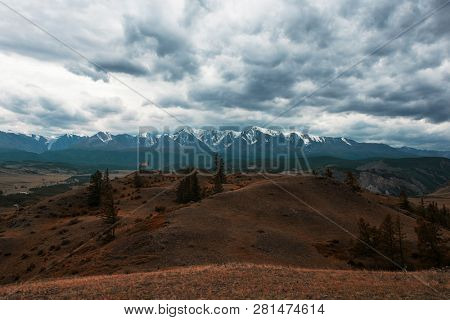 Maral in Kurai steppe and North-Chui ridge of Altai mountains, Russia. Cloud day.