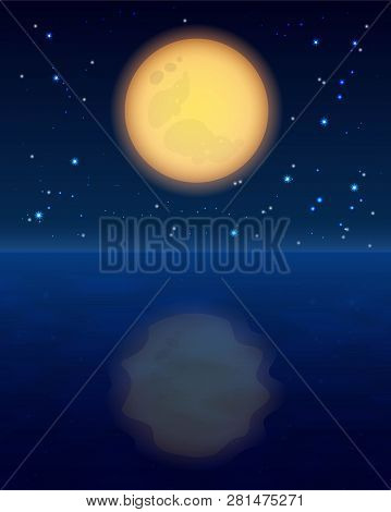 Full Moon Yellow On Night Sky With Star And His Reflection In Water . Vector