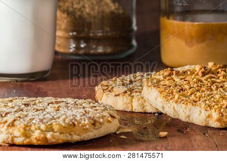 Crumbly Mexican Polvoron Shortbread With Coffee, Cream And Sugar. Room For Text