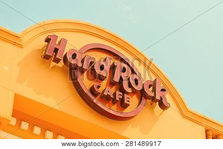 Siem Reap, Cambodia - 20 March 2018: Logo Of Famous Brand Hard Rock Cafe In Siem Reap, Cambodia. Har
