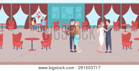 Couples Dancing Together Men Women Lovers Celebrating Event Concept Modern Restaurant Interior Banqu