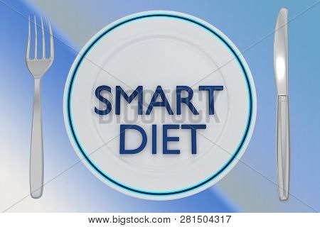 3d Illustration Of Smart Diet Title On A White Plate, Along With Silver Knif And Fork, On Two Blue G