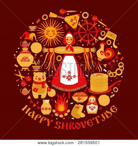 Vector Set On The Theme Of The Russian Holiday Carnival. Russian Shrovetide Or Maslenitsa.