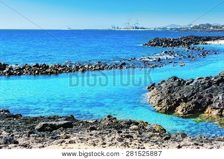 Lagoon With Turquoise Clear Water In Playa Jablillo Beach, In Costa Teguise, Lanzarote, Canary Islan