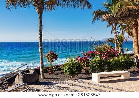 Stone Bench In Puerto Del Carmen Beach In Lanzarote, Canary Islands, Spain. Blue Sea, Palm Trees, Se