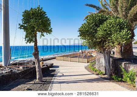 Puerto Del Carmen Beach In Lanzarote, Canary Islands, Spain. Blue Sea, Palm Trees, Selective Focus