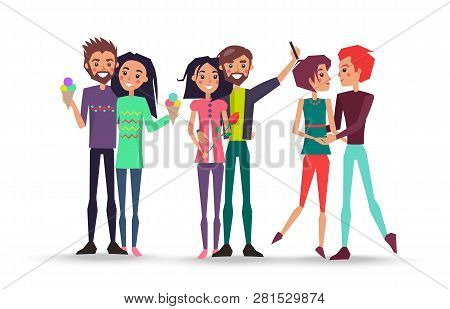 Portrait Of Lovely Young Couples On White Background Vector Illustration. Smiling Girls And Boys Hol