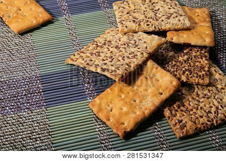 Tasty Cookies Of Different Types. Two Kinds Of Biscuit. Cookies On A Bamboo Mat.