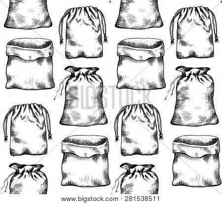Seamless Pattern With Black And White Illustrations Of Hand Drawn Canvas Bags In Row. Vector Texture