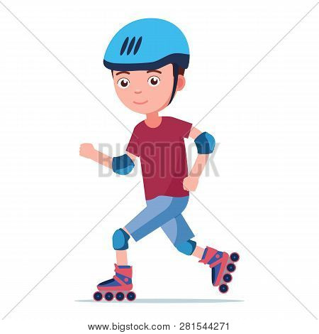 The Boy Rides On Roller Skates. The Child In The Helmet And The Protection Quickly Edith On Rollers.
