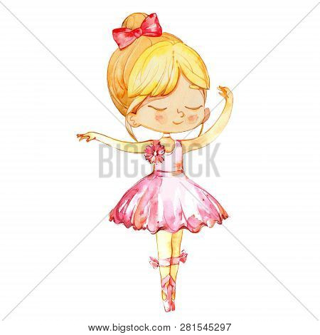 Dancing Blond Ballerina Baby Girl Wearind Pink Dress. Elegant Little Child Posing Training Ballet Co