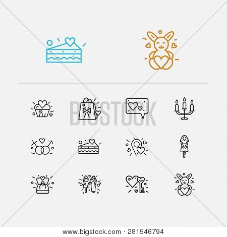 Romance Icons Set. Girlfriend And Romance Icons With Soft Toy, Piece Of Cake And Lovely Cupcake. Set