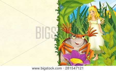 Cartoon Scene With Beautiful Woman On The Meadow With Dumbledore Bug - With Space For Text - Illustr