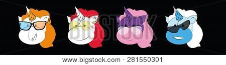 Emoticons Set Of Graphic - Unicorns In Glasses. Collection Of Emoji Vector. Smile Icons Web On Black