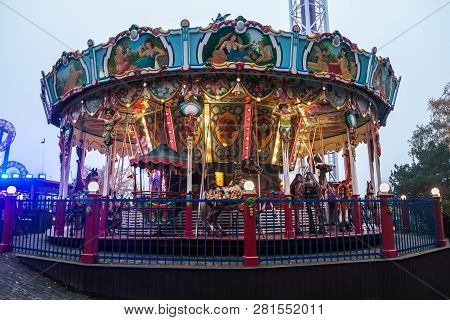 Helsinki, Finland - October 12, 2018: Amusement Park Linnanmaki In Helsinki, Finland. Ride Carousel