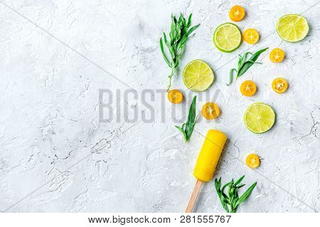 Citrus Popsicles With Fruit Slices On Stone Background Top View Mockup