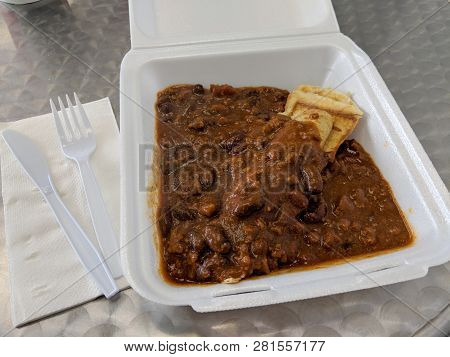 Honolulu - June 9, 2018: Waffle Dog With Chili At Hawaii's Favorite Kitchens.