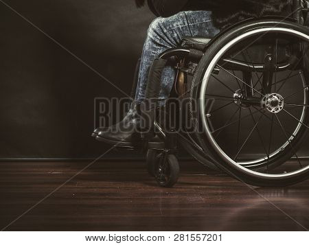 Disease Disability Paralysis Handicap Health Concept. Legs Of Disabled Person. Crippled Female Sitti
