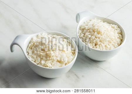 Cereal rice flakes and rice in bowl.