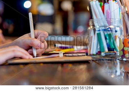 Children Learn Coloring And Painting In Classroom. Education And Creative Art For Kid.