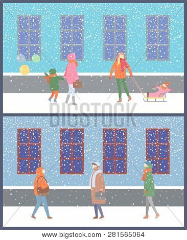 Wintertime Cold Season Of Year People And Kids Vector. Snowy Street And Resting Family Mother With C