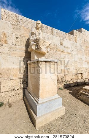 Athens, Greece - November 1, 2017: Statue Of Menander, A Greek Dramatist At The Theatre Of Dionysus,