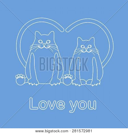 Vector Illustration Of Two Cats With Heart Shaped Tails. Love, Romantic Concept. Happy Valentine's D