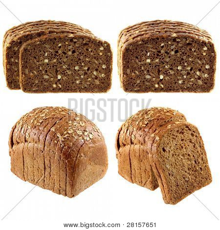 Foto collage de pan de trigo integral marrón (Multi grano) y pan integral de centeno aislado en blanco