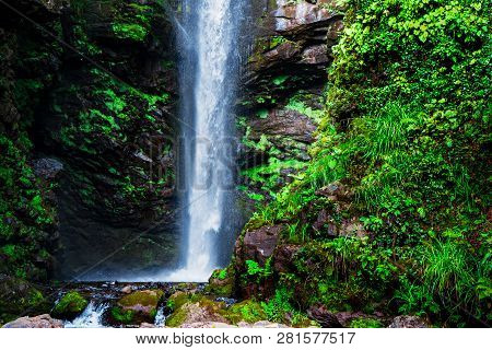 Waterfall Akarmarskiy. Eastern Abkhazia. Near The Town Of Tkvarcheli. Akarmara District.